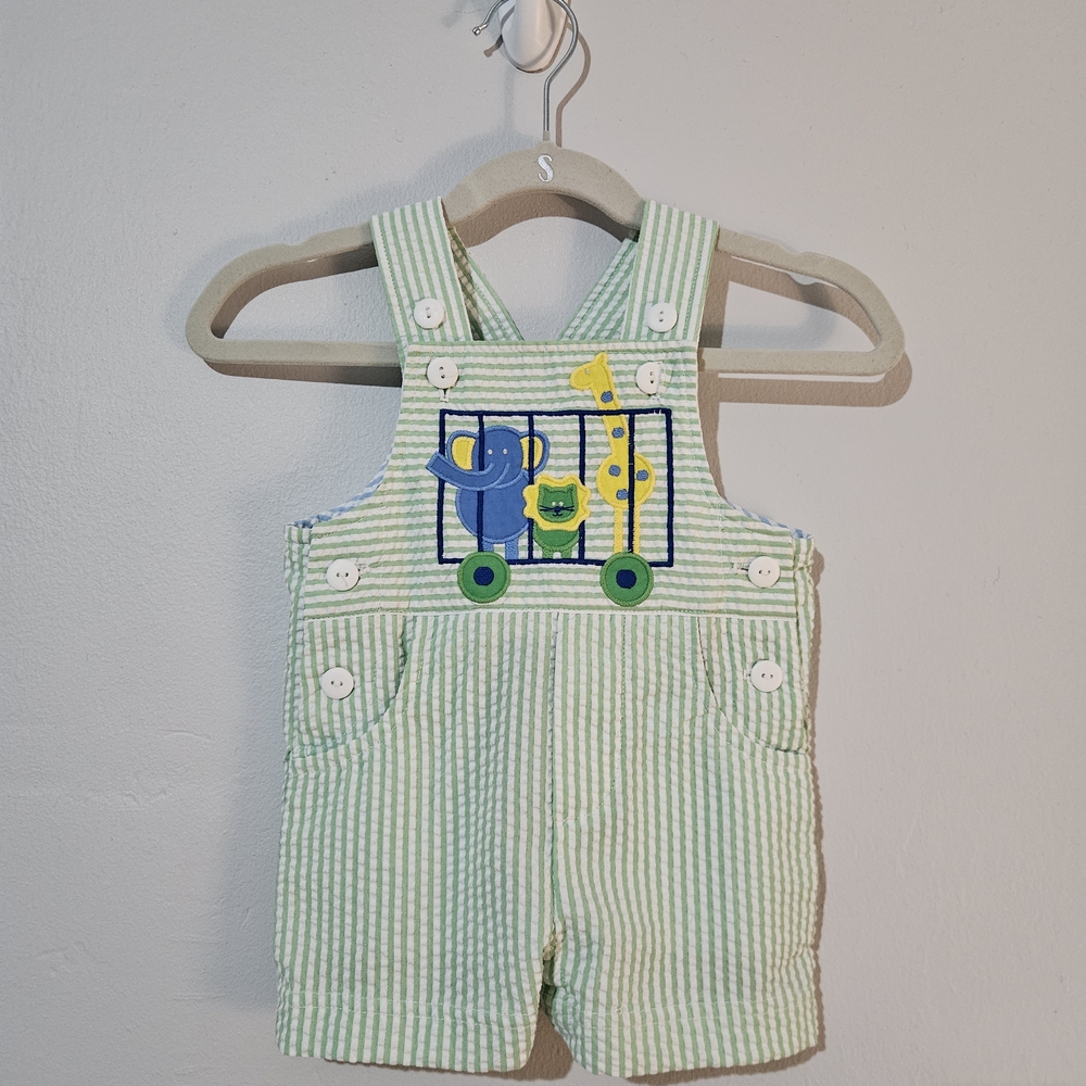 Florence Eiseman Green Seersucker Overalls with Animal Design